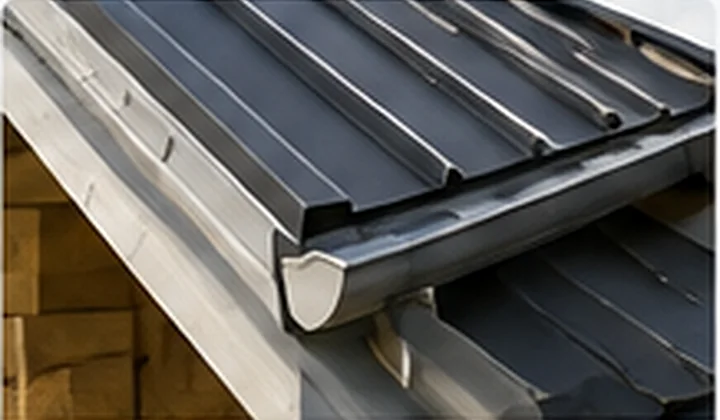 Close view of metal roof eave, flashing and gutter details relevant to roof repair